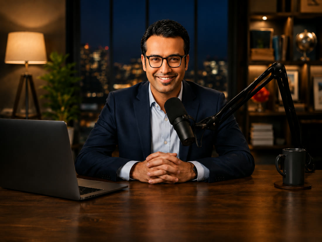 Text2Air AI news presenter on air at a studio desk