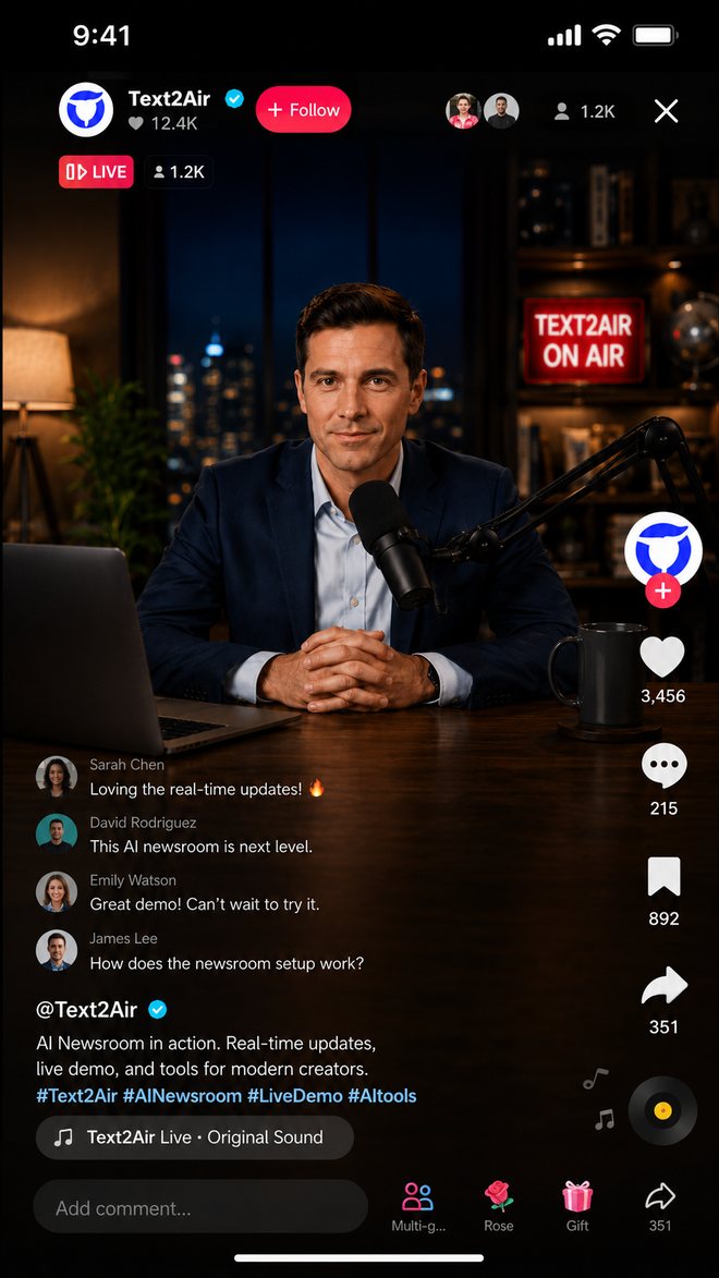 A Text2Air AI presenter on a vertical TikTok live stream with viewer comments and an ON AIR sign